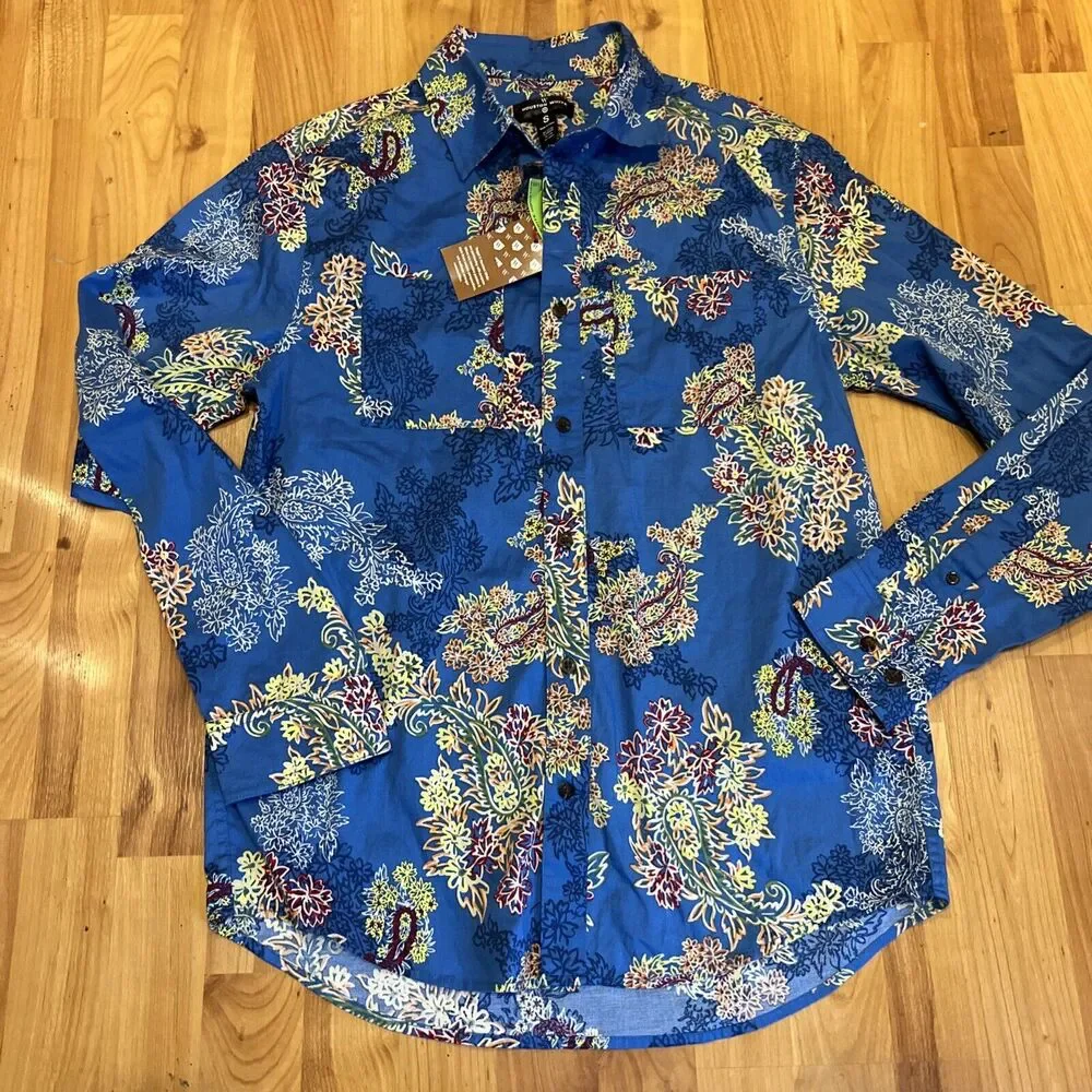 Houston White Blue Floral Long Sleeve Button Down Shirt Adult S New